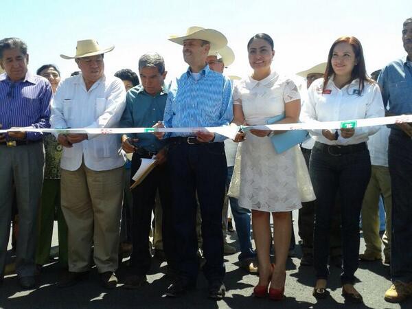 Imagen de la presidenta municipal de Huetamo, Dalia Santana Pineda, (de vestido blanco) junto al entonces gobernador de Michoacán, Fausto Vallejo, en marzo de 2014. Foto tomada de la cuenta de Twitter del gobierno de Michoacán