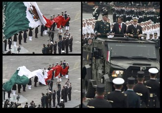 Con la caída de la bandera monumental cuando era izada, inició el desfile militar del 16 de Septiembre. Fotos: La Jornada