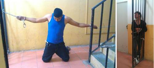 Dos detenidos encadenados en los separos de la secretaría de seguridad pública del municipio de San Luis de la Paz, GuanajuatoFoto La Jornada