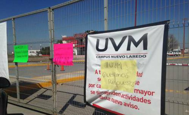 Desde el 15 de enero las instalaciones de la Universidad del Valle de México, campus Nuevo Laredo, permanecen cerradas. Foto tomada de Twitter