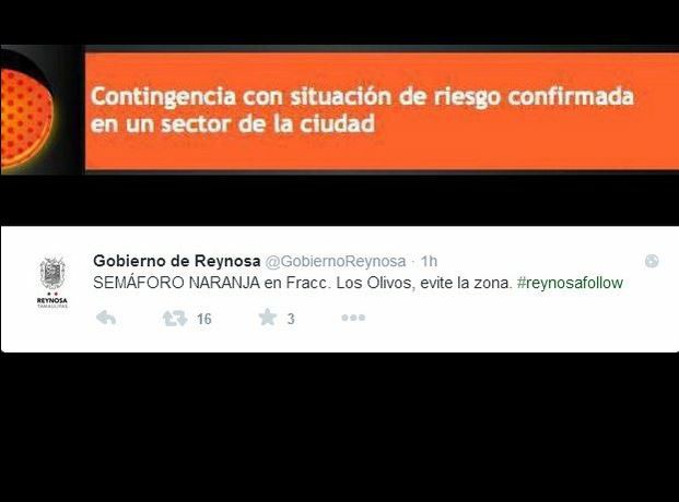 El gobierno municipal activó la alerta amarilla y la subió a naranja en el fraccionamiento Los Olivos. Imagen tomada del Twitter @GobiernoReynosa