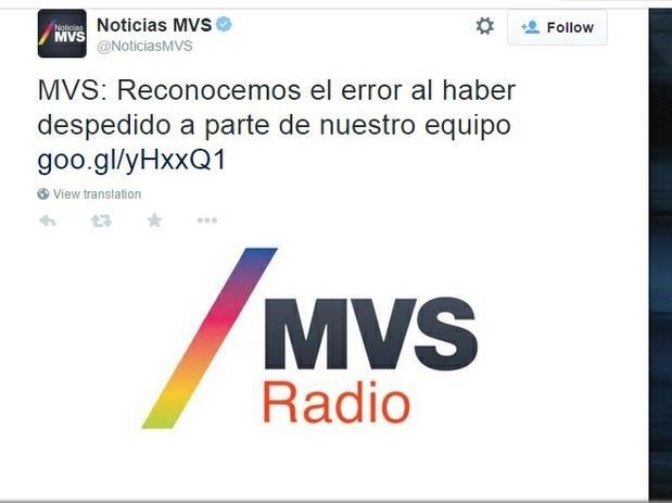 Imagen tomada del Twitter @NoticiasMVS, antes de que la empresa reconociera que fue hackeada