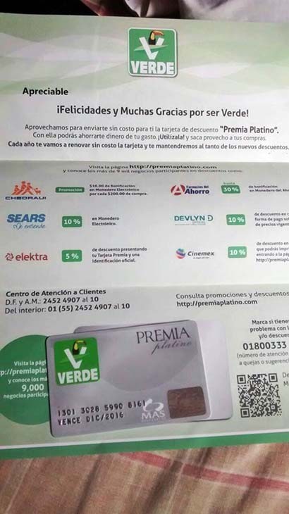 Tarjeta de descuento enviada por correo por el Partido Verde Ecologista de México a un ciudadano ■ FOTO: LA JORNADA ZACATECAS