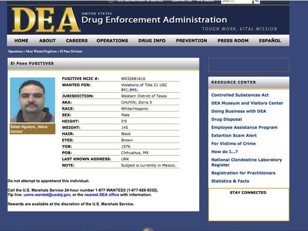 Jesús Salas Aguayo, alias El Chuyín, es uno de los narcotráficantes más buscados por la DEA. Imagen tomada de la página www.dea.gov
