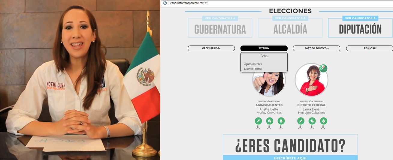 A la izquierda, fotograma del video y a la derecha, imagen del portal de internet www.candidatotransparente.mx, donde aún no aparece información de la candidata