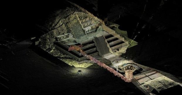 Una representación gráfica muestra el túnel que podría llevar a tumbas reales, descubierto debajo del templo de Quetzalcóatl. Foto Reuters