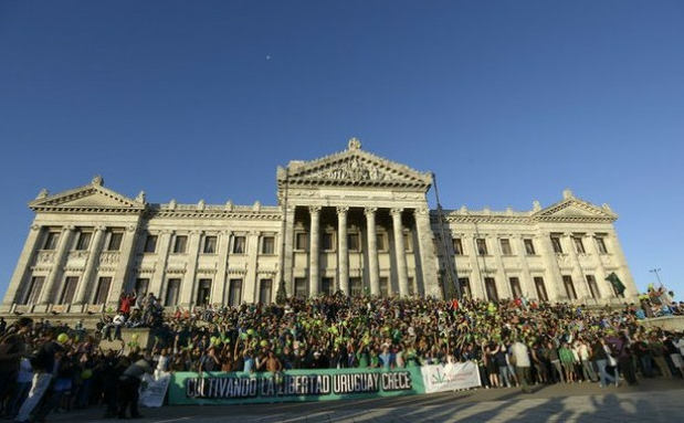 El NYT dio como ejemplos la regulación del comercio de la mariguana en Uruguay. En la imagen de 2013, manifestantes frente al Congreso uruguayo en apoyo a la legalización de la mariguana. Foto Ap