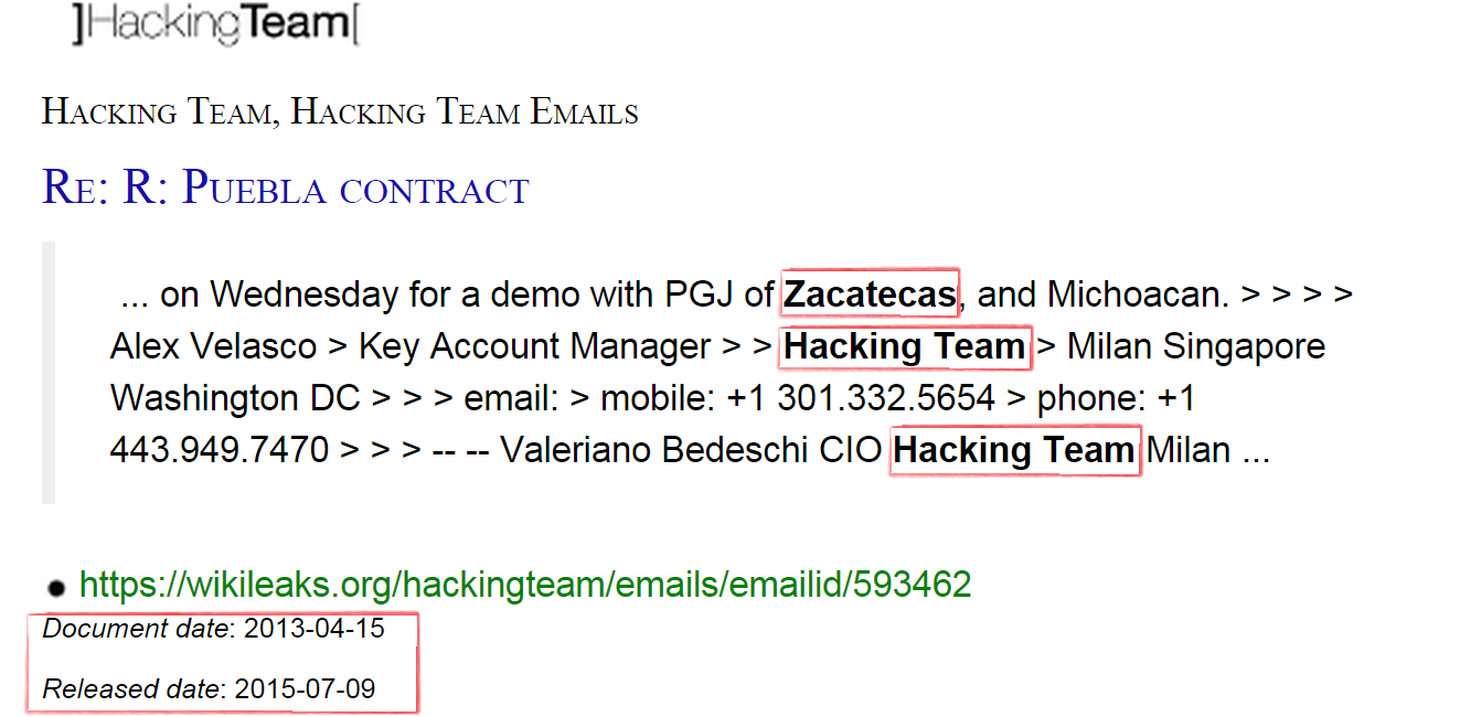 Captura de pantalla (dividida en dos partes) de la plataforma Wikileaks, en la que se aprecia la vista previa de los dos correos donde aparece mencionado Zacatecas y la empresa Hacking Team, dedicada al espionaje ■ FOTO: LA JORNADA ZACATECAS