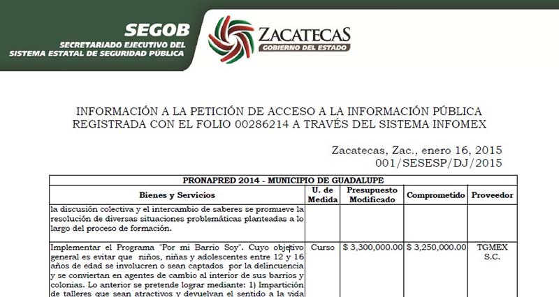 Respuesta donde se detalla que el programa Por Mi Barrio Soy, en Guadalupe, fue asignado a la empresa TGMEX, por más de 3 millones de pesos ■ foto: la jornada zacatecas