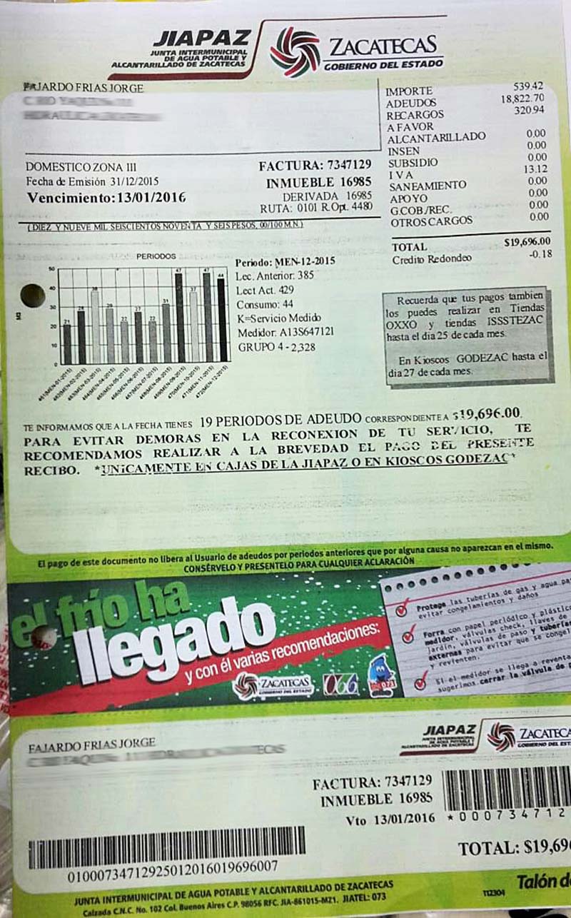 Último recibo que envió Jiapaz a Jorge Fajardo Frías ■ FOTOS: LA JORNADA ZACATECAS