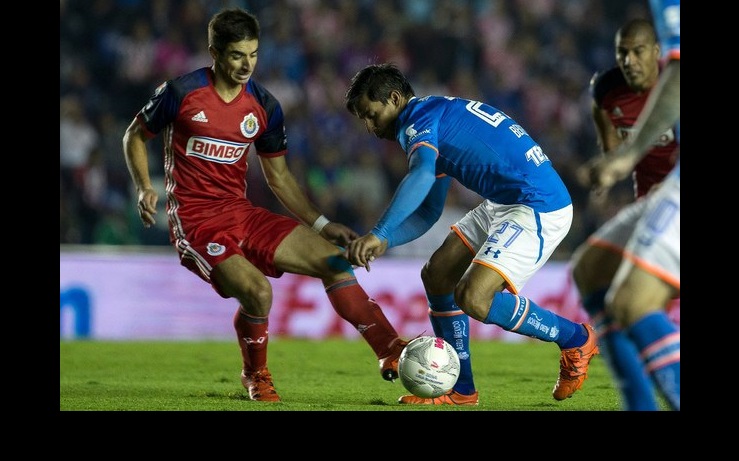 Brizuela de Chivas y Benítez de Cruz Azul disputan el balón. Foto Ap