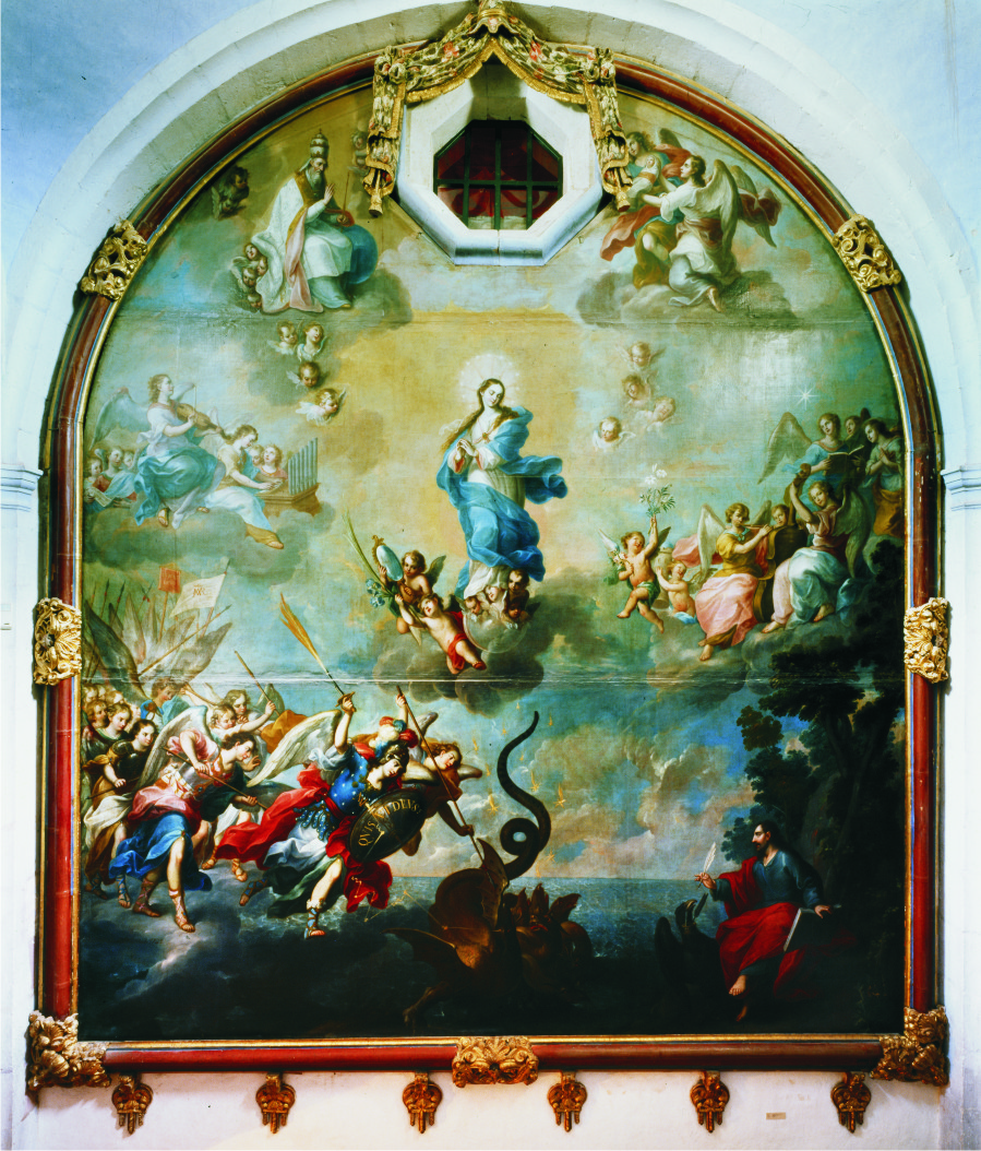 El título de la foto es: Virgen del Apocalipsis. Miguel Cabrera. Siglo XVIII. Óleo sobre tela. Secretaría de Cultura, INAH-Museo de Guadalupe.
