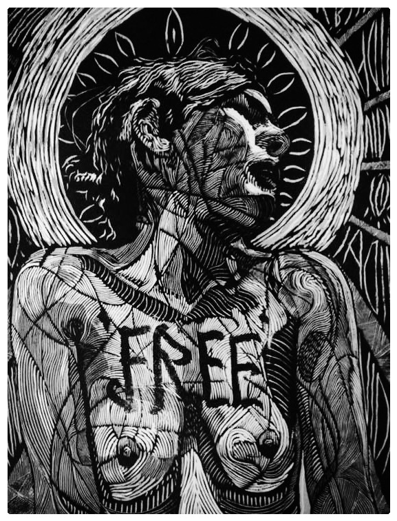 /// Zamer Zamer. Mujer libre. Xilografía sobre camafeo. 112 x 75 cm.