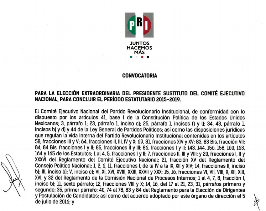 El PRI emitió la convocatoria del proceso interno extraordinario de elección del presidente sustituto del CEN, para la conclusión del periodo estatutario 2015-2019