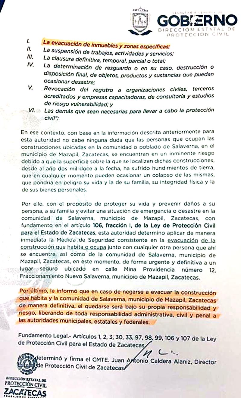 Notificación de Protección Civil mostrada a gente de Salaverna ■ foto: la jornada zacatecas