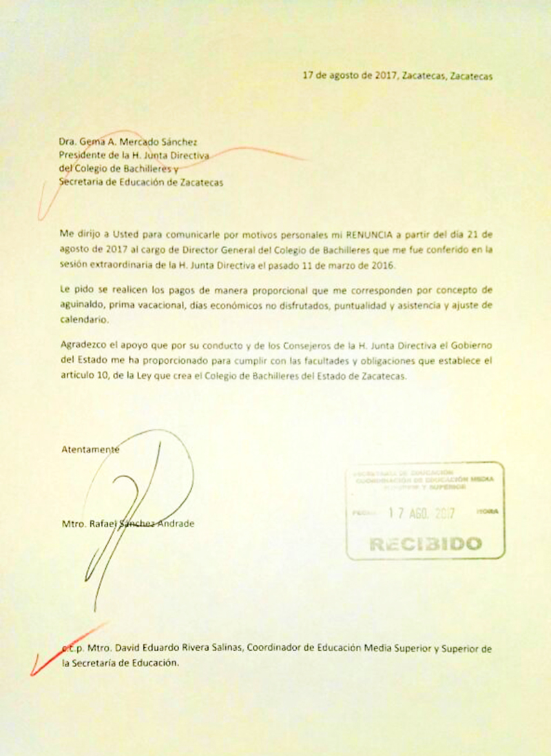 Carta enviada por Rafael Sánchez Andrade a personal del Cobaez donde expresa su renuncia n foto: andrés sánchez