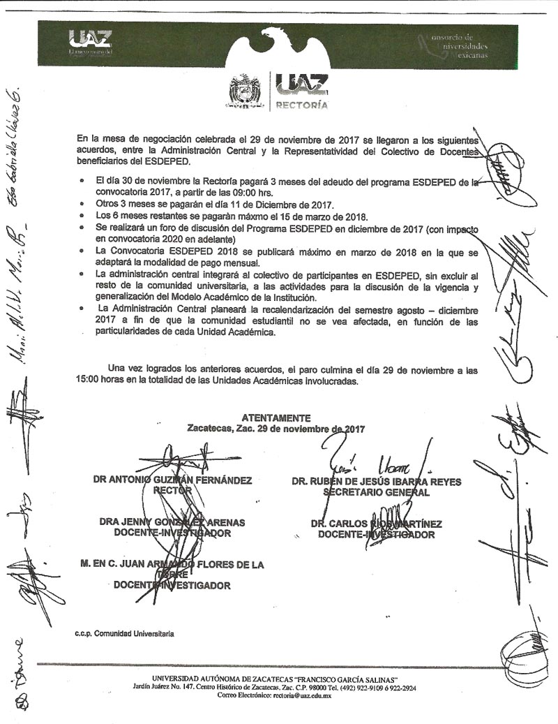 El acuerdo firmado entre las autoridades y los inconformes n foto: la jornada zacatecas