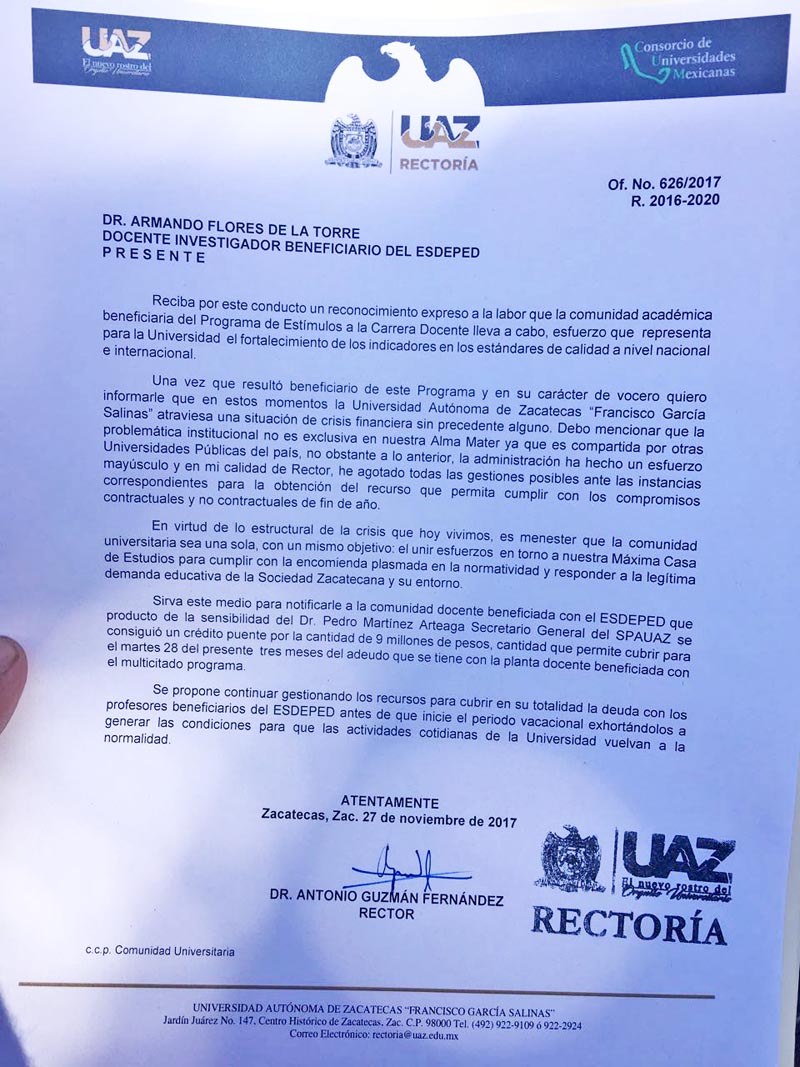 Oficio mediante el cual notificó que consiguió un crédito con el Spauaz por 9 millones de pesos ■ foto: la jornada zacatecas