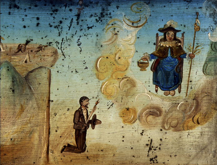 Detalle del retablo al Santo Niño de Atocha. Plateros, Fresnillo, Zacatecas. 1867. Óleo sobre lámina. Ubicado en el Museo Amparo.