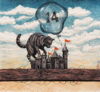Juan Carlos Villegas. Chat sur le château. Tinta china _ papel algodón. 26 x 28 cm. Mayo de 2025.