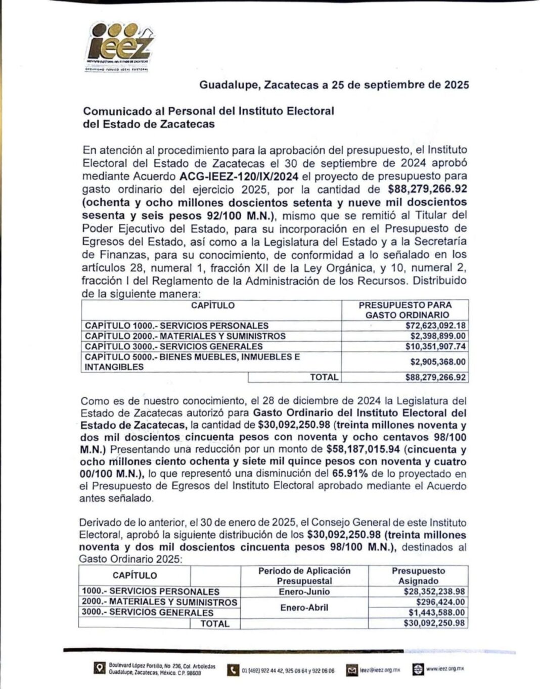 Las autoridades del IEEZ informaron que continúan con las gestiones ante el gobernador. Foto: Cortesía.