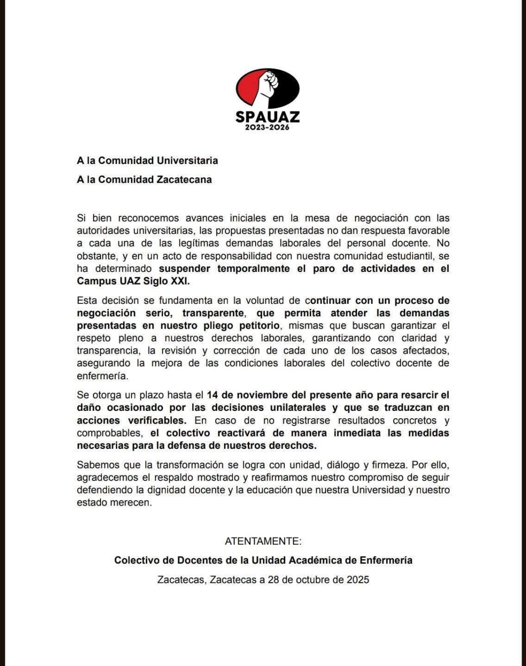 El sindicato informó su postura en un comunicado. Foto: Cortesía.