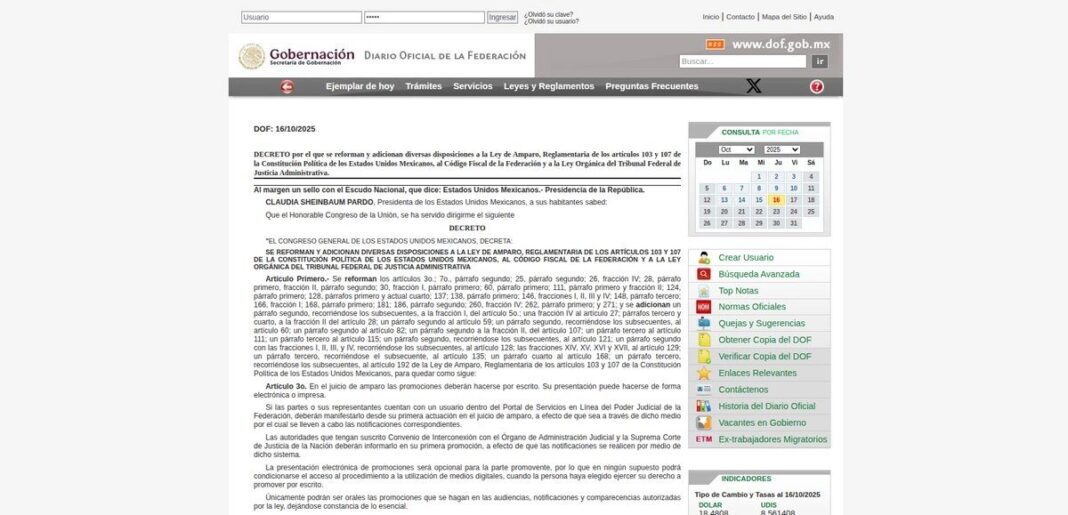 Captura de pantalla de la publicación en el Diario Oficial de la Federación. Foto https://dof.gob.mx