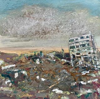 Carlos Carmona. De la serie Paisaje Contemporáneo. Cemento, químicos fotográficos y acrílico sobre lienzo. 50x50 cm. 2025. Proyecto Dissidenxia.