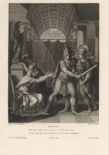 Grabado de A. Duval según Jean-Guillaume Moitte para la obra La Thébaïde, _Jocaste_, acto 4, escena 3. De las Obras de Jean Racine, vol. 1, publicado por Didot en 1801.