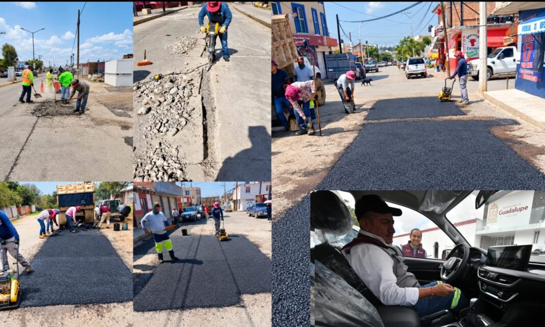 Entre los trabajos realizados durante lo que va del mes de octubre destacan las acciones de bacheo en la calle 5 de Mayo y la vialidad Arroyo de la Plata. Foto: Ayuntamiento de Guadalupe
